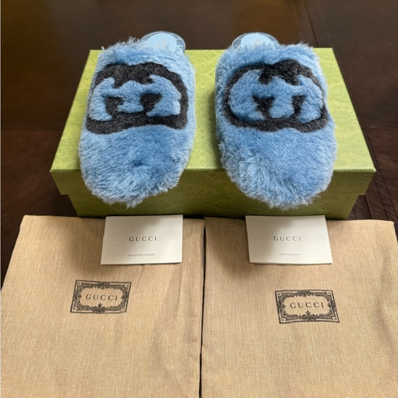Gucci Shoes - New Gucci GG Faux Fur Slip On Slides Blue Black Size 38 / US 8